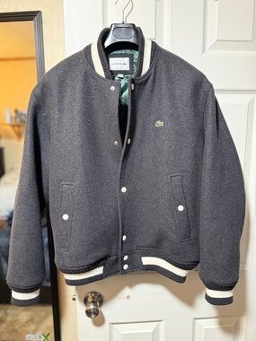 Lacoste Charcoal and White Varsity Bomber Jacket with Green Lining BH0562 (52M/L